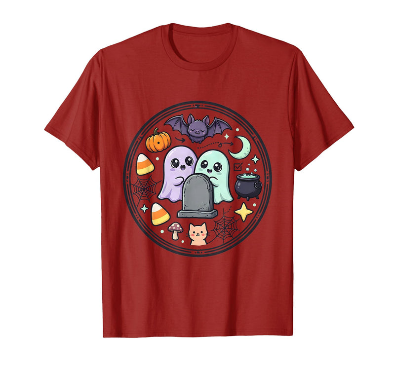 Mademark Ghost & Spirits - Ghost (99 Problems All) T-Shirt - Cranberry Red-cute Ghost Peeking Behind Gravestone