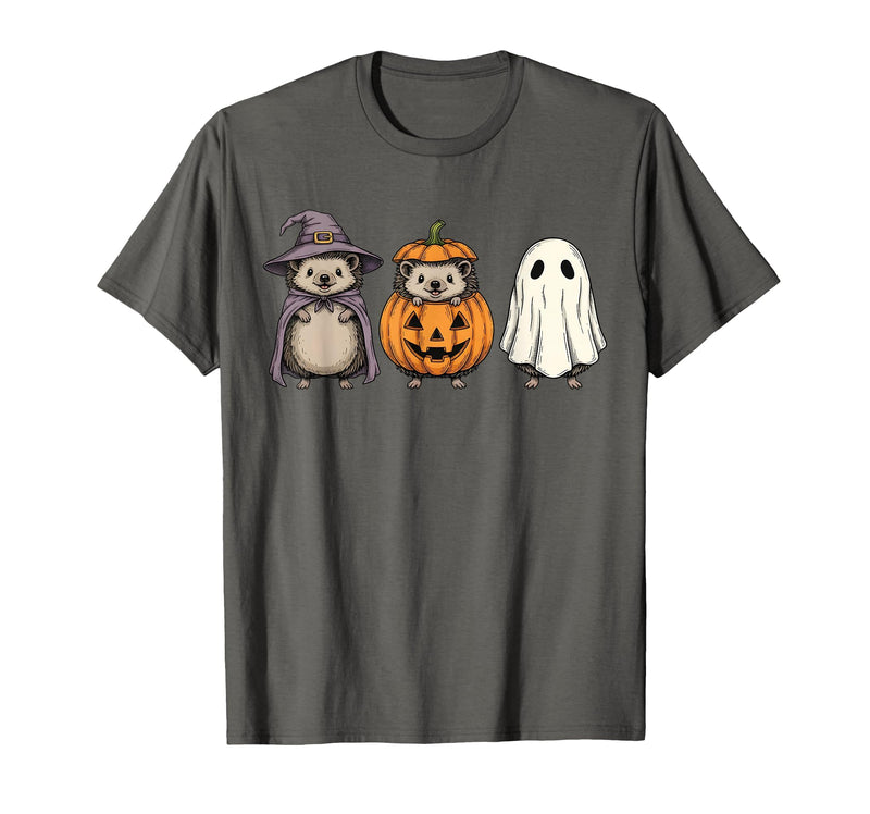 Funny Retro Hedgehog Halloween Witch Spooky Ghost Hedgehog Lover Pumpkin Halloween T-Shirt - Asphalt Grey