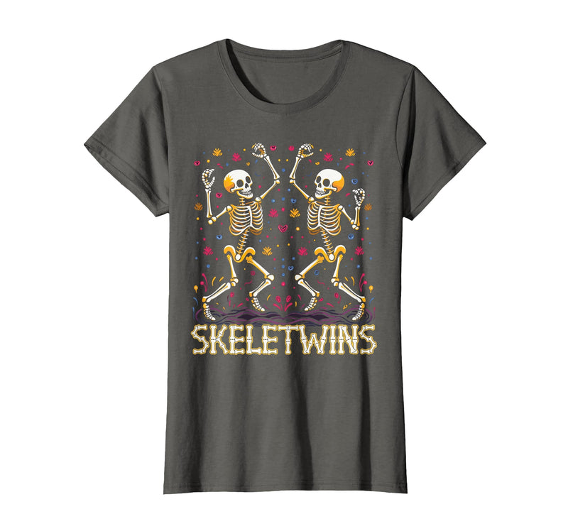 Spirit Week Twin Day Skeletwins Halloween Twins Dancing Skeletons Twins Halloween Matching Skeletwins T-Shirt - Asphalt Grey