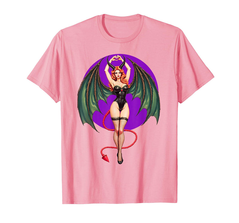 Classic Vintage Pin-Up Sexy Girl by YUX Sexy Succubus Monster Halloween Hand Heart Pin-Up Girl Devil T-Shirt - Pink