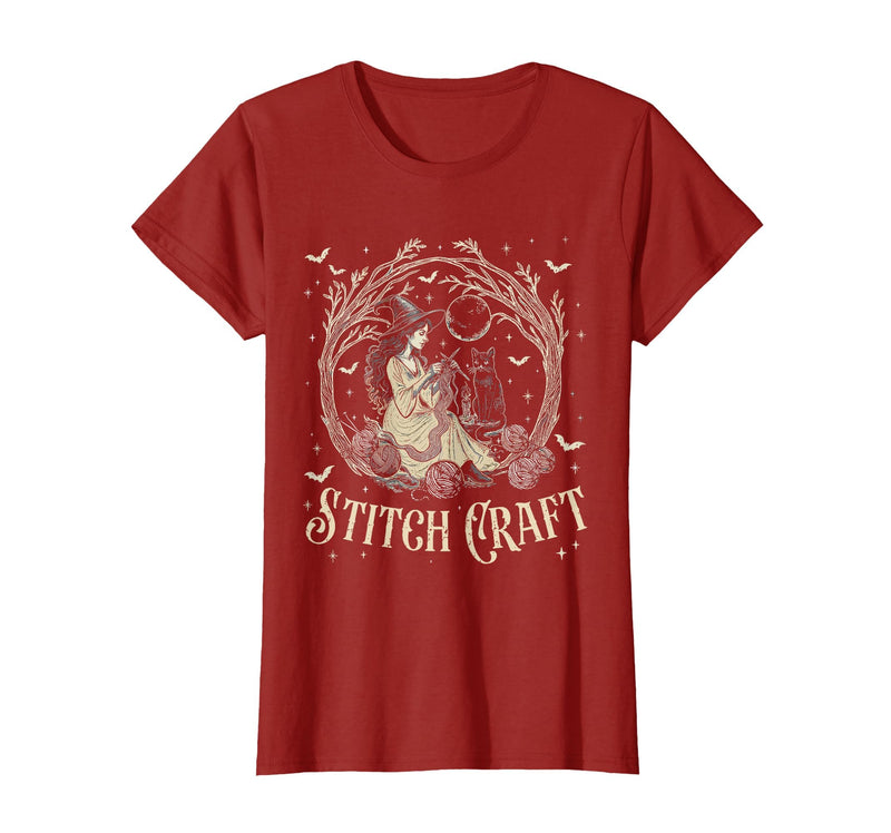Witch Black Cat Halloween Witches Crochet Womens Stitch Craft Salem Witch Halloween Cat Witch Girls Trip T-Shirt - Cranberry