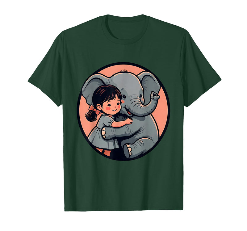 Mademark Cute Girl Snuggling Baby Elephant Graphic Tee T-Shirt - Men - Dark Green