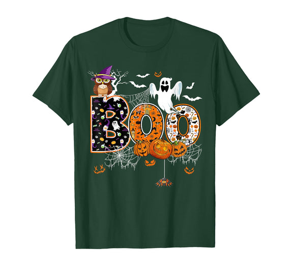 Boo Creepy Owl Pumpkin Ghost Funny Halloween Boo Creepy Owl Pumpkin Ghost Halloween Men Women Kids T-Shirt - Dark Green
