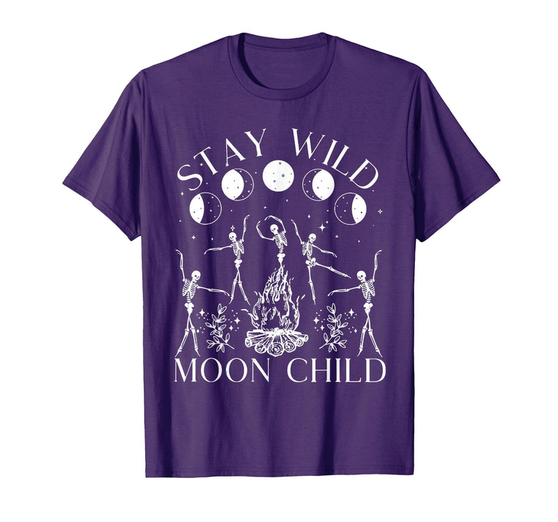 Funny Stay Wild Moon Child Tee Shirt Stay Wild Moon Child Funny Skeleton Dancing Halloween T-Shirt - Purple