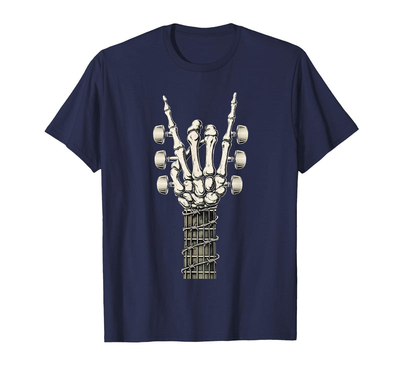 Rock and Wear Gifts Men Women Kids Skeleton Guitar Hand Rock On Guitarist Rock Band Music T-Shirt - Navy Blue
