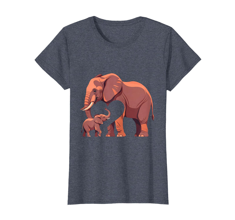 Mademark Elephant Mother and Calf Touching Trunks Design T-Shirt - Women - Heather Blue
