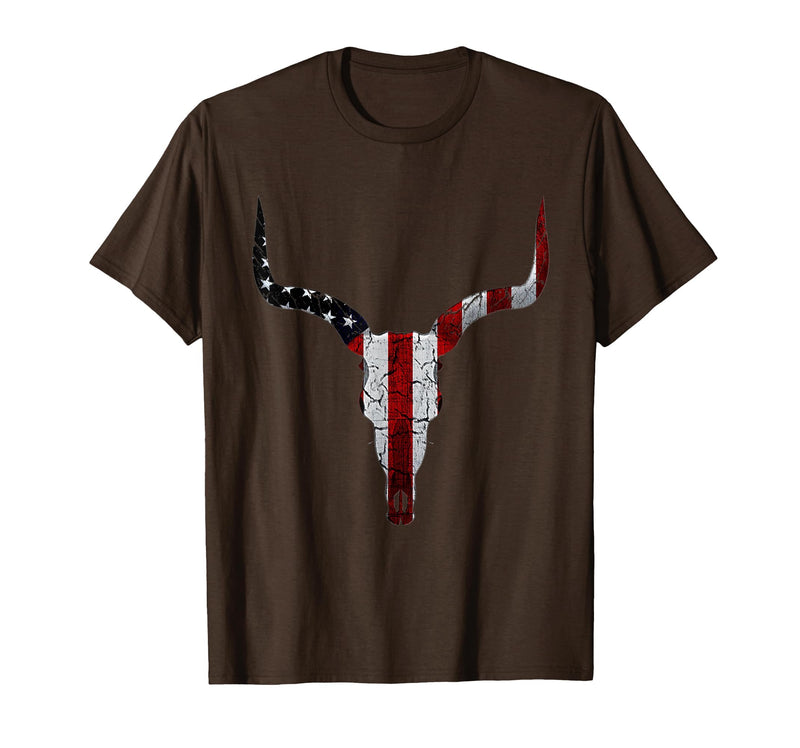 Cow skull USA Flag Bull Skull American Flag Cow Skull Western Graphic Wild West T-Shirt - Brown
