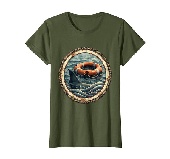 Mademark Shark Fin Rescue Buoy Lifeguard Graphic T-Shirt - Olive Green
