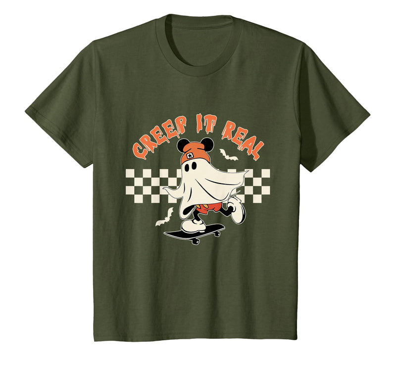 Halloween Creep it Real Vintage Ghost CKTEE2 Vintage Halloween Creep It Real Mouse Ghost Boy Fall Season T-Shirt - Olive