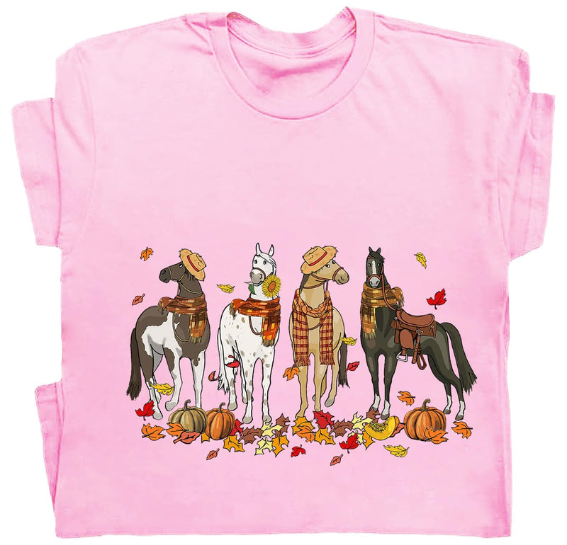 Niaday Fall Horse Shirt Men Women Graphic Short Sleeve T-Shirt Tee, Fall Season Horses Horse Lover Shirt - Pink