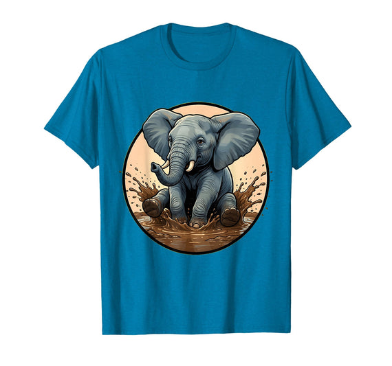 Mademark Baby Elephant Splashing in Muddy Puddle T-Shirt - Men - Sapphire Blue
