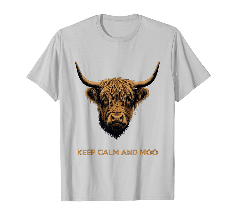 Mademark Keep Calm and Moo Highland Cow Design T-Shirt - Silver Grey