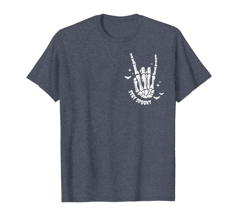 Funny Skeleton Halloween Vintage Stay Spooky Hand Skeleton Happy Halloween Pocket T-Shirt - Heather Blue