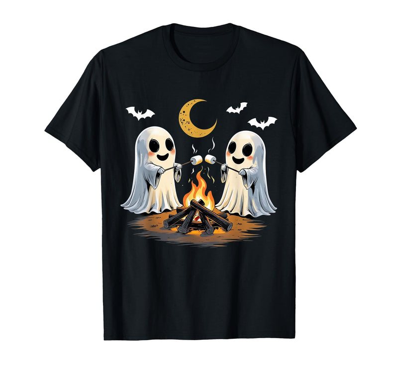 Halloween Tees and Spooky Ghosts Designs Ghosts Roasting Marshmallows Halloween Night Cute Novelty T-Shirt - Black