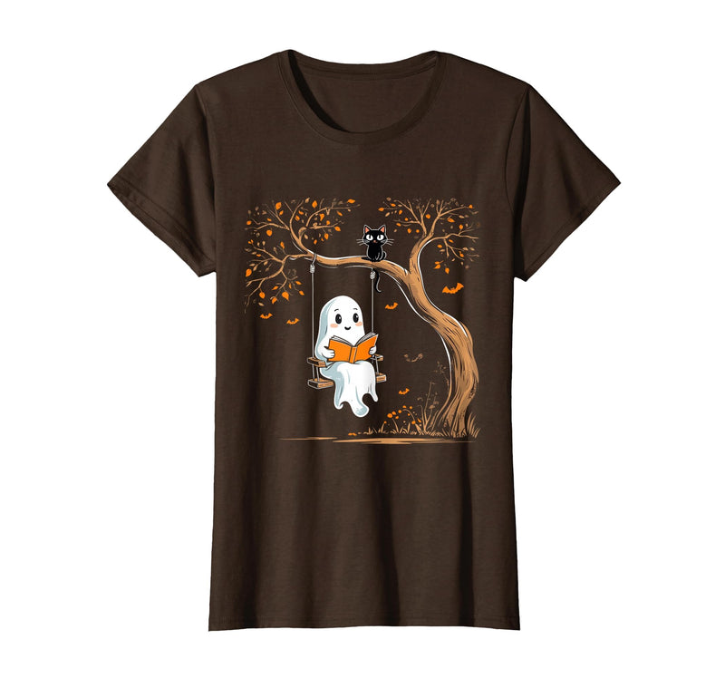 Halloween Ghost Swing Reading Vintage Ghost Swing Reading Book Swinging Halloween Costume T-Shirt - Brown