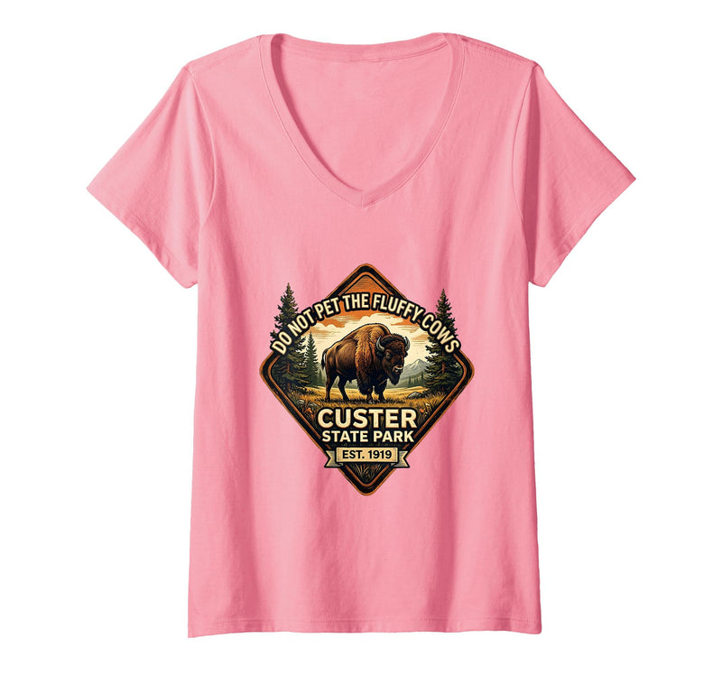Mademark Women's Do Not Pet The Fluffy Cows Custer State Park Design V-Neck T-Shirt - Pink