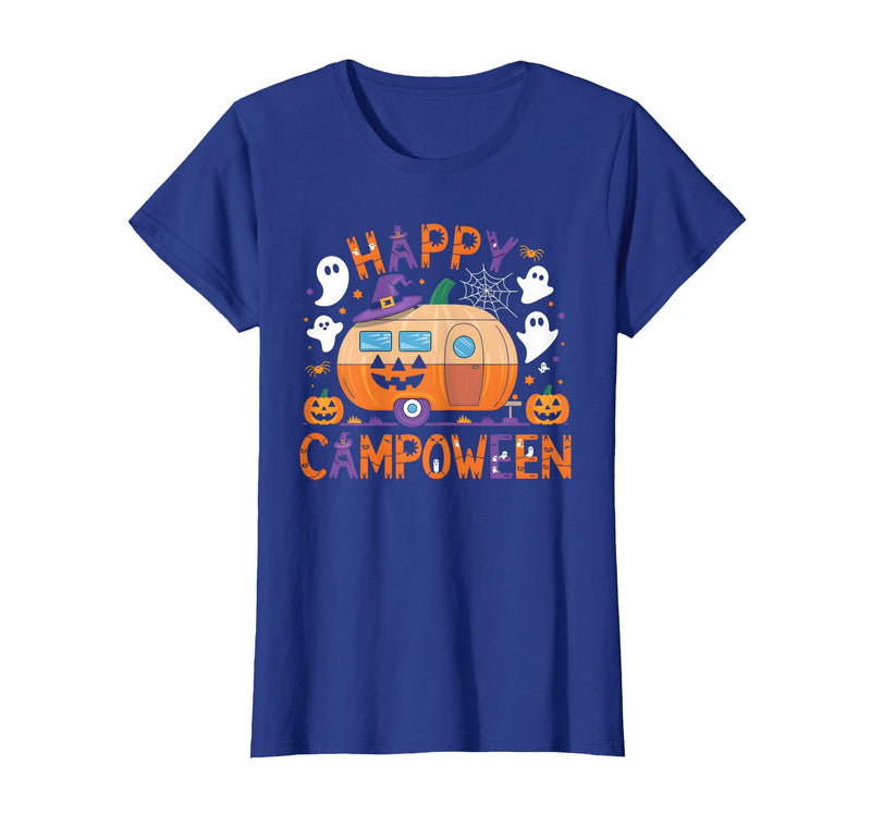 Spooky Camp-O-Ween Ghosts and Campfire Apparel Happy Camp-O-Ween Halloween Camping Ghosts and Campfires T-Shirt - Royal Blue