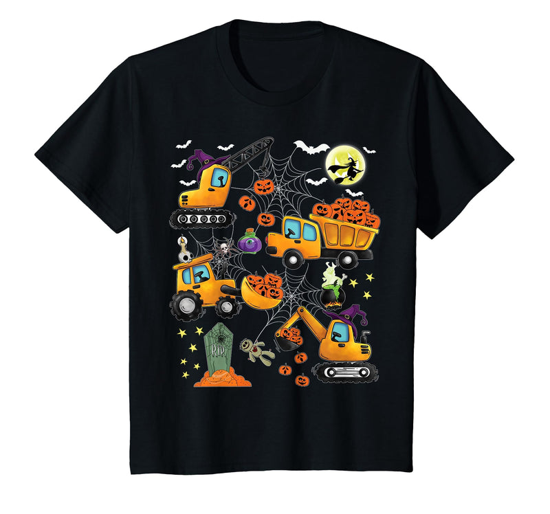 Kids Fun Construction Vehicle Halloween spider web Kids Construction Vehicle Halloween Crane Truck Pumpkin Boys T-Shirt -