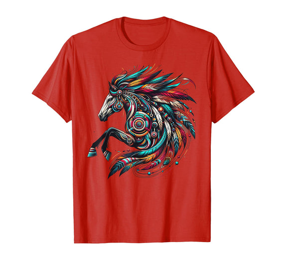 Mystical Native American Horse Farm Heritage Spirituality T-Shirt - Red