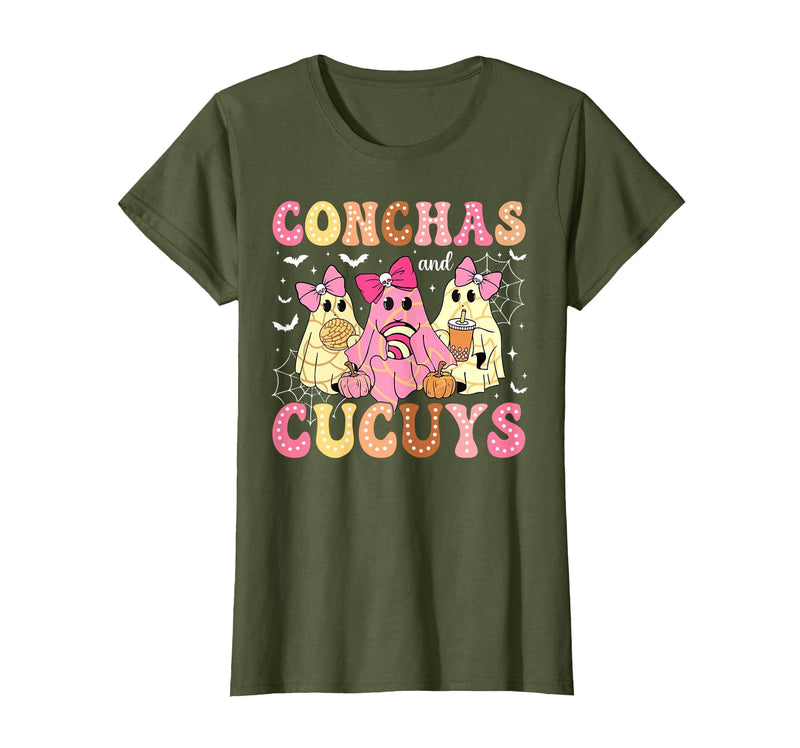 Funny Conchas and Cucuys Mexican Tees Halloween Cute Conchas and Cucuys Ghost Funny Halloween Mexican Ghost T-Shirt - Olive