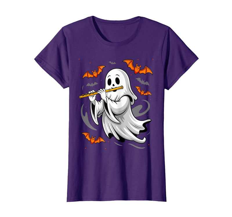 Ghost Halloween Lover Gift Co. Boo Ghost Playing Flute Halloween Musical Instrument T-Shirt - Purple