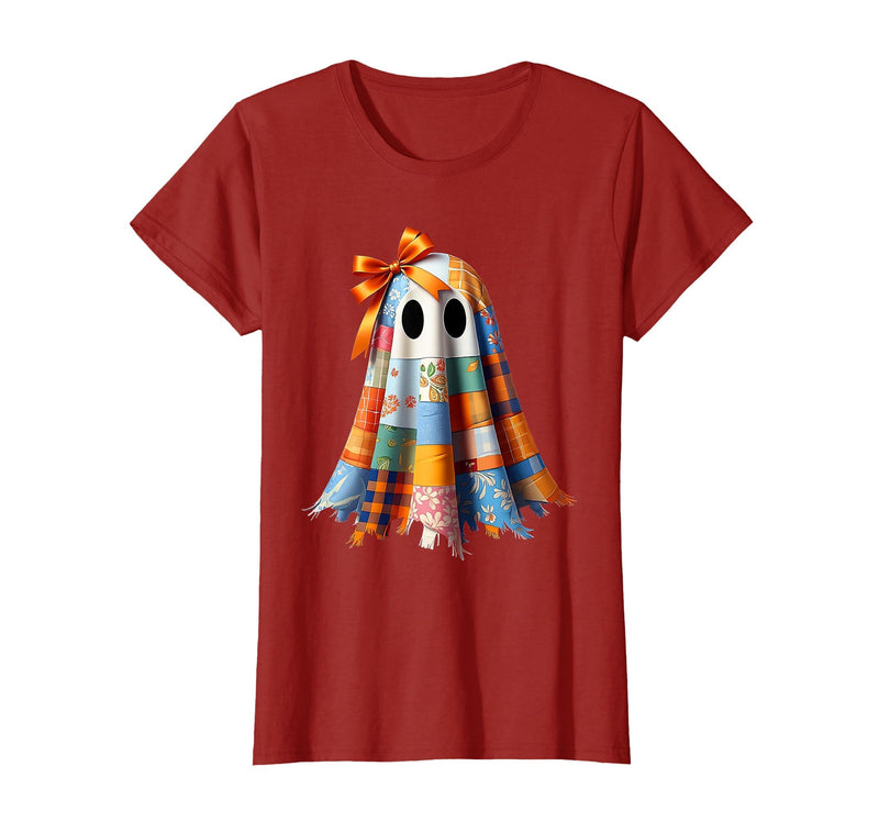 Patchwork Quilt Ghost Halloween Quilter Autumn Tee Patchwork Ghost Quilt Halloween Quilter Fall Autumn Bow Cute T-Shirt -