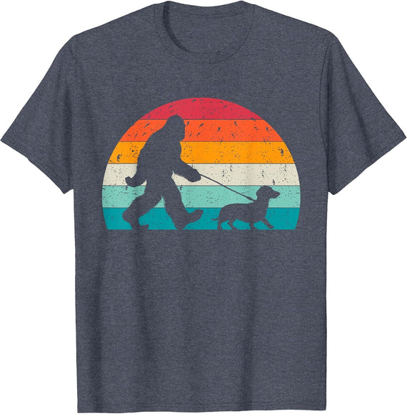 Bigfoot Walking a Dog Funny Dachshund Weiner Dog Dad Weenie T-Shirt - Heather Blue