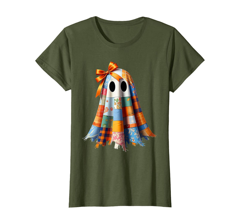Patchwork Quilt Ghost Halloween Quilter Autumn Tee Patchwork Ghost Quilt Halloween Quilter Fall Autumn Bow Cute T-Shirt -