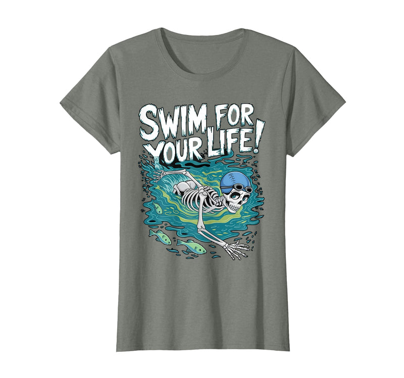 Swim Lover Halloween Custom Tee For Swimmers Kids Halloween Skeleton Swimming Swim for Your Life Swimmers Dad T-Shirt -
