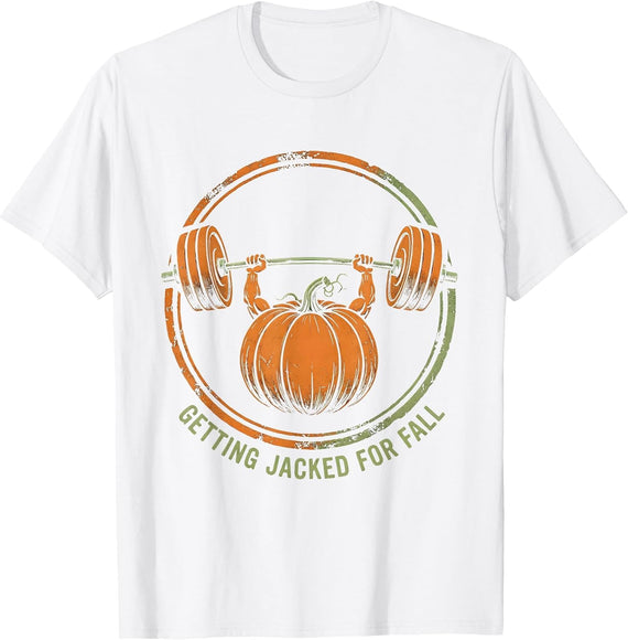 Men's Getting Jacked for Fall Pumpkin Lifting Weights T-Shirt - White