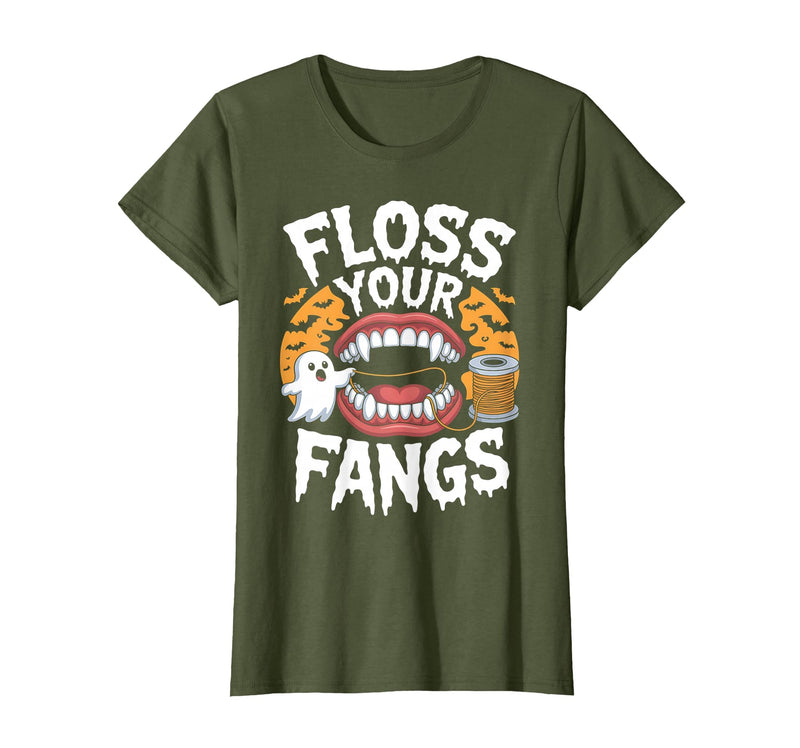 Spooky Dental Office Halloween Dental Crew Ghost Floss Your Fangs Dental Halloween Shirt Dentist Halloween T-Shirt - Olive