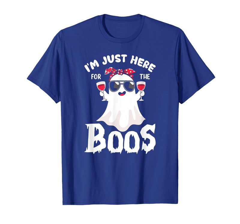 Addictive Designs Halloween Merch Funny Halloween, Just Here for the Boos, Ghost Drinking Wine T-Shirt - Royal Blue