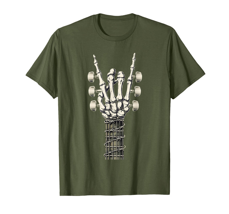 Rock and Wear Gifts Men Women Kids Skeleton Guitar Hand Rock On Guitarist Rock Band Music T-Shirt - Olive Green