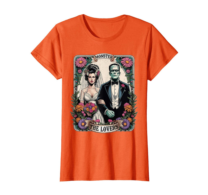 The Lovers Tarot Card Spooky Halloween Women Men The Monster Frankenstein and Bride The Lovers Tarot Card T-Shirt - Orange