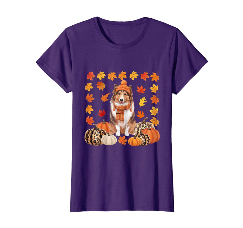 Shetland Sheepdog Sheltie Shop Sheltie Shetland Sheepdog Pumpkins Fall Leaves Halloween T-Shirt - Purple