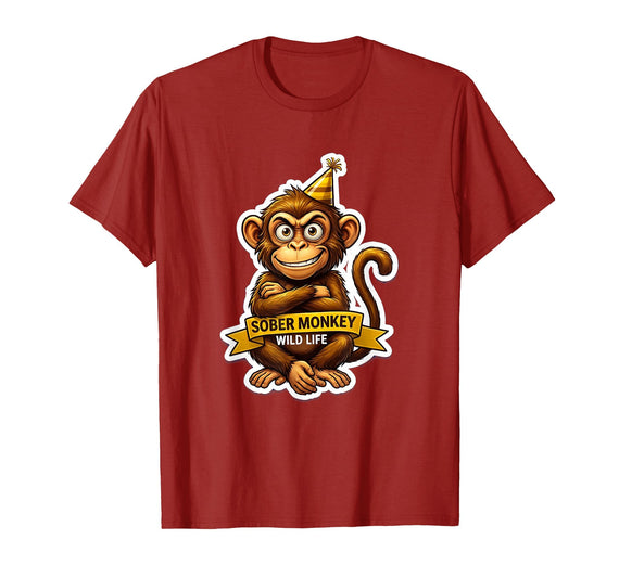 Mademark Sober Monkey Wild Life Sobriety Design T-Shirt - Men - Cranberry Red