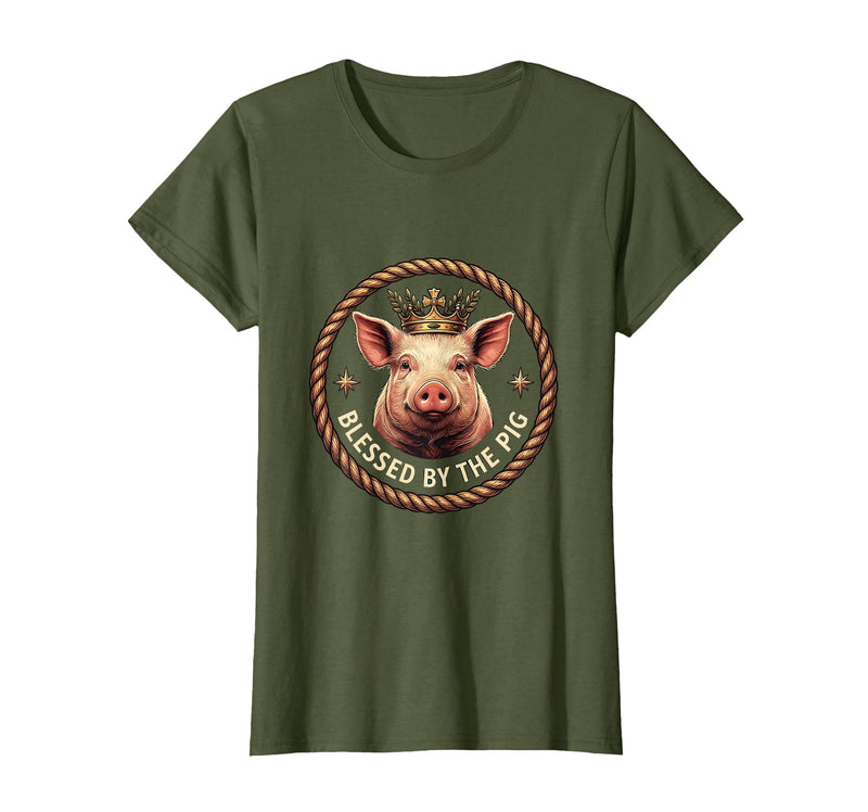 Mademark Blessed by the Pig Funny Farm Animal Design T-Shirt - Olive Green