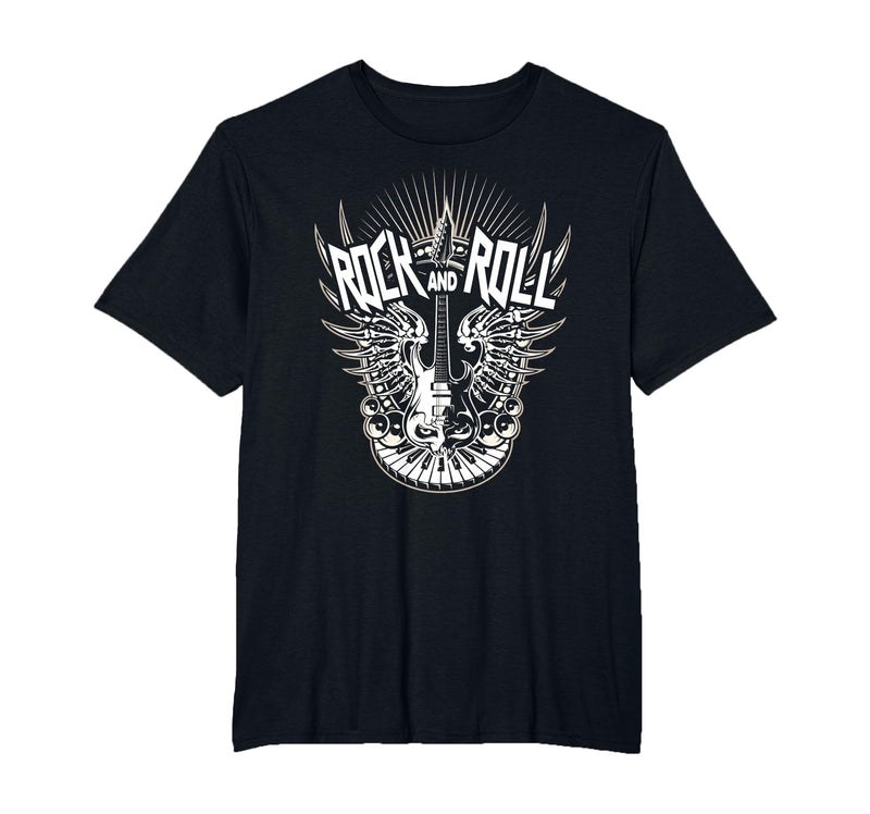 Rock and Roll Music Vintage Retro Gifts Vintage 80s Rock & Roll Music Electric Guitar Skeleton Wings T-Shirt - Black