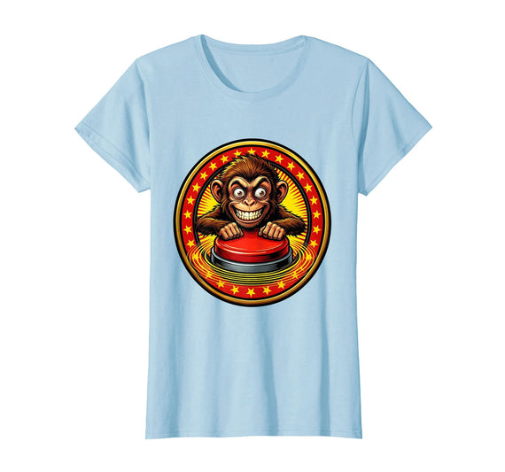 Mademark Eager Monkey Pressing the Big Red Button T-Shirt - Women - Baby Blue