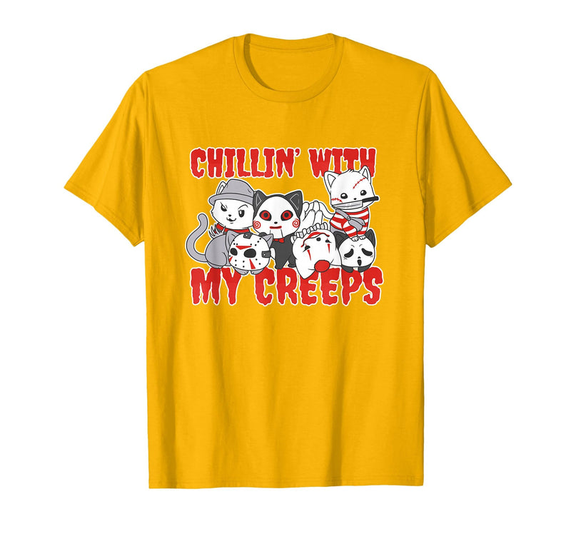 Chillin With My Creeps Apparel Chillin with My Creeps Cat Horror Killer Halloween Costume T-Shirt - Golden Yellow