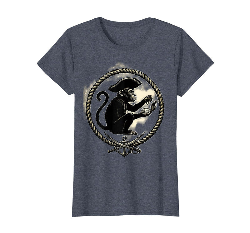 Mademark Pirate Monkey with Stolen Pocket Watch Design T-Shirt - Women - Heather Blue