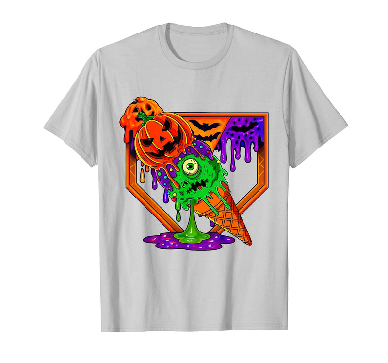Ice Cream Drip Baseball Home Plate Halloween Tee Funny Halloween Baseball Ice Cream Drip Boys Girls Youth T-Shirt - Silver