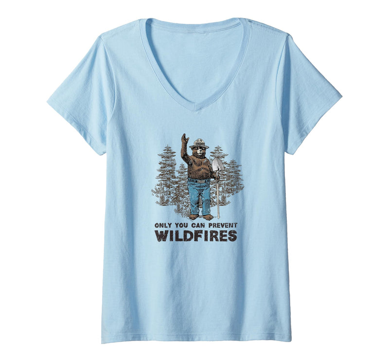 Womens Smokey Bear Only You Can Prevent Wildfires V-Neck T-Shirt - Baby Blue