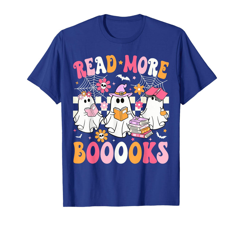 Read More Books Ghost Halloween Teacher Outfits Read More Books Ghosts Reading Book Funny Teacher Halloween T-Shirt - Royal