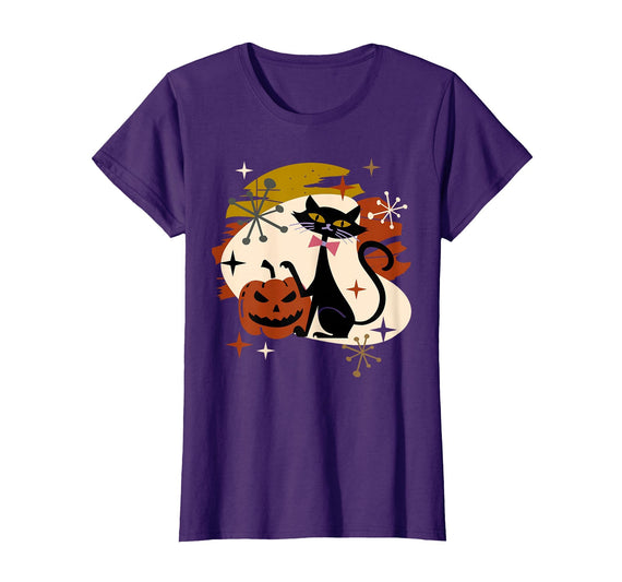 Creepy Hallows Designs Black Cat and Pumpkin Atomic Retro Halloween T-Shirt - Purple