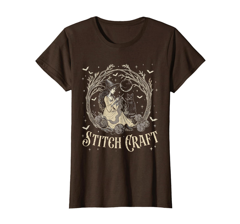 Witch Black Cat Halloween Witches Crochet Womens Stitch Craft Salem Witch Halloween Cat Witch Girls Trip T-Shirt - Brown