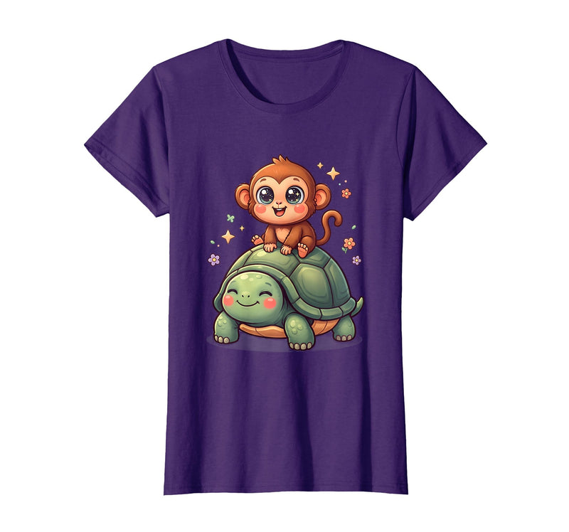 Mademark Small Monkey Riding Giant Tortoise Funny Animal Art T-Shirt - Women - Purple