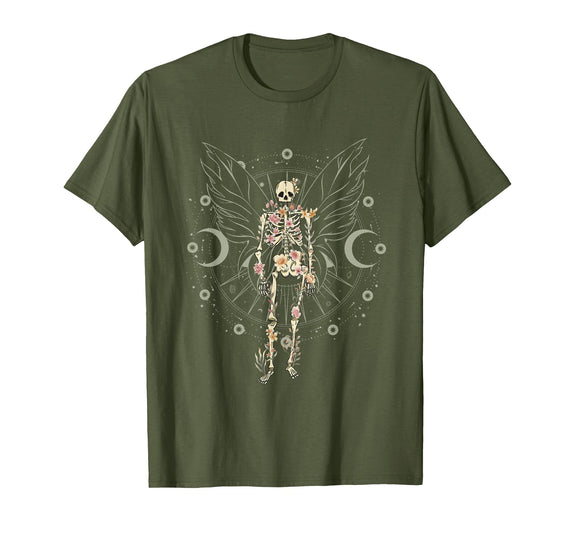 Y2K Grudge Core Mystical Celestial Halloween NS Fairy Grunge Fairycore Aesthetic Butterfly Skeleton Gothic T-Shirt - Olive