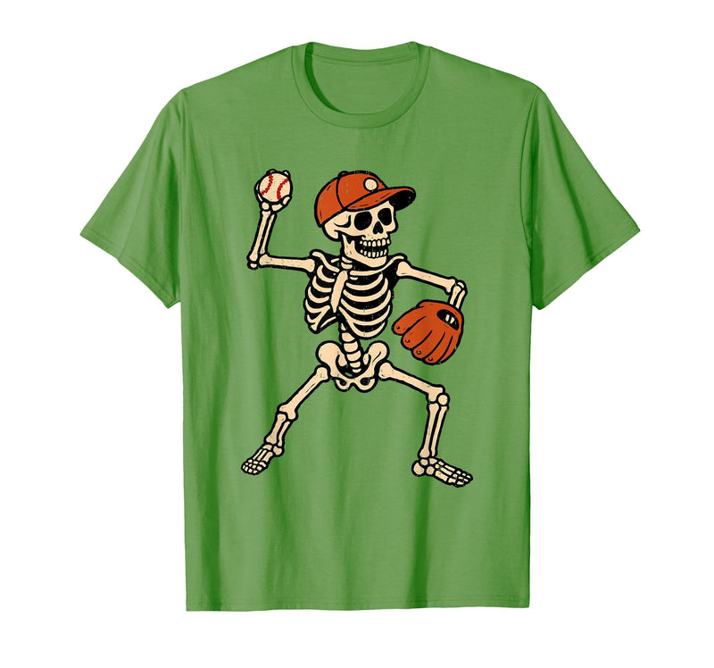 Funny Skeleton Baseball Tee Skeleton Baseball Halloween Costume Pitcher Sport Player T-Shirt - Grass Green