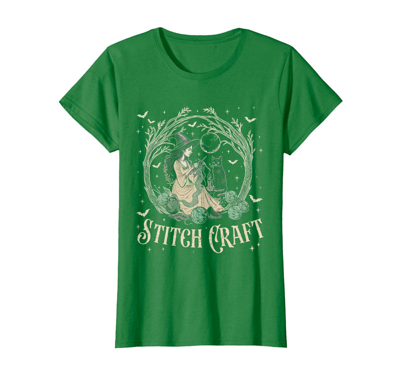 Witch Black Cat Halloween Witches Crochet Womens Stitch Craft Salem Witch Halloween Cat Witch Girls Trip T-Shirt - Kelly